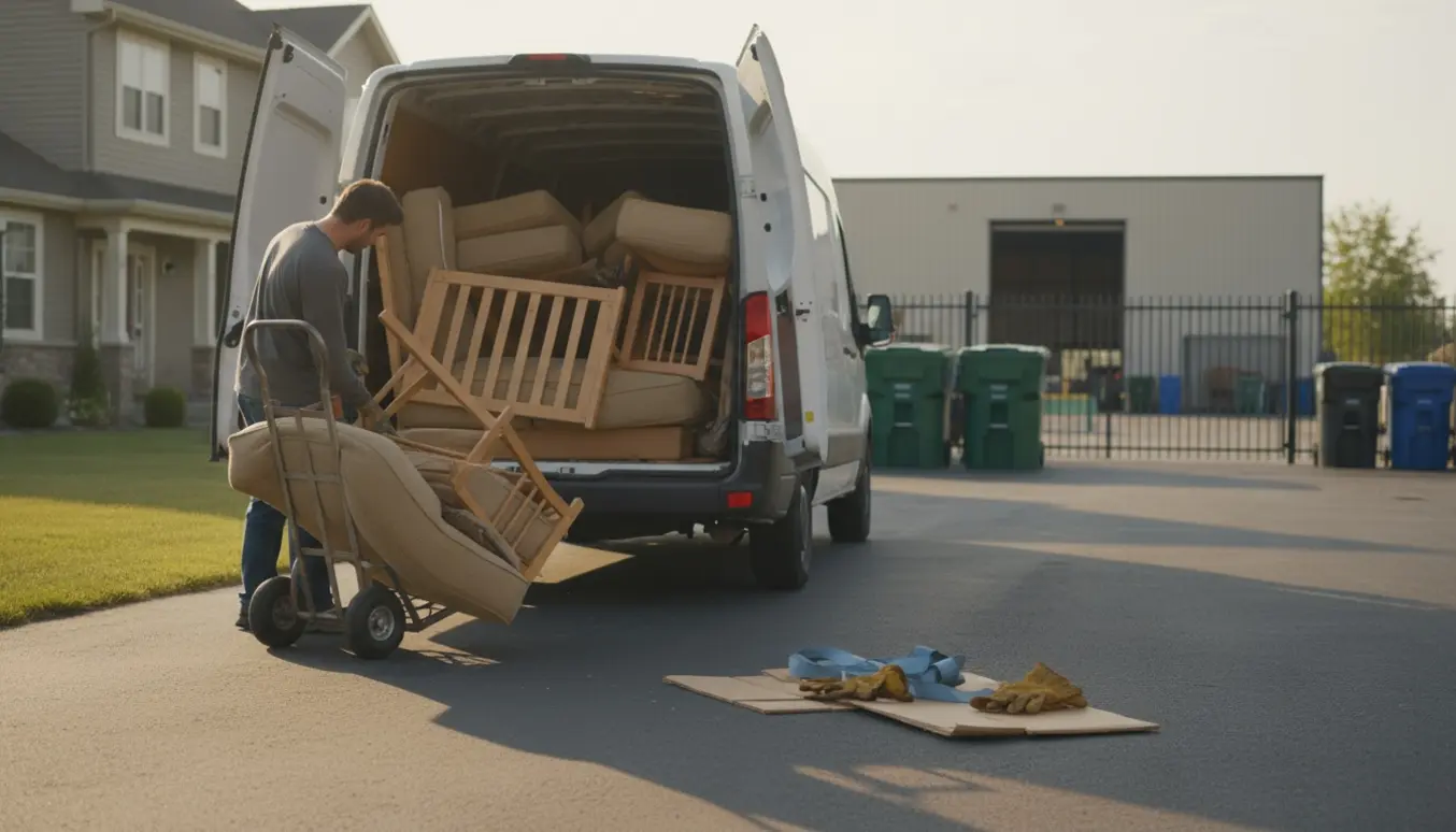 Adskilte sofadelene, en børneseng og en stol læsset i en varevogn ved en indkørsel, klar til aflevering på genbrugsstationen.