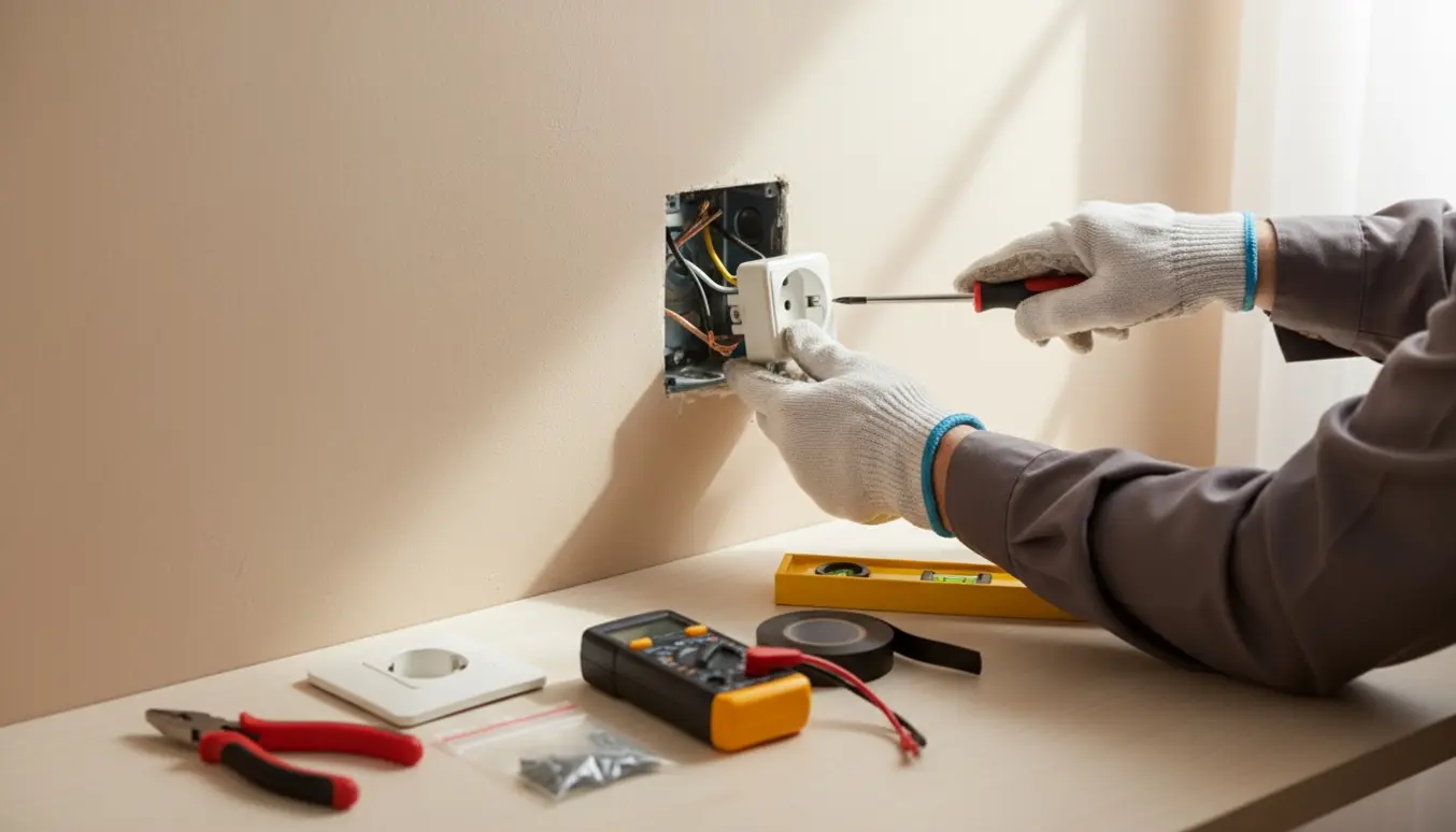 Nærbillede af hænder, der monterer en ny stikkontakt i en væg med værktøj i baggrunden.