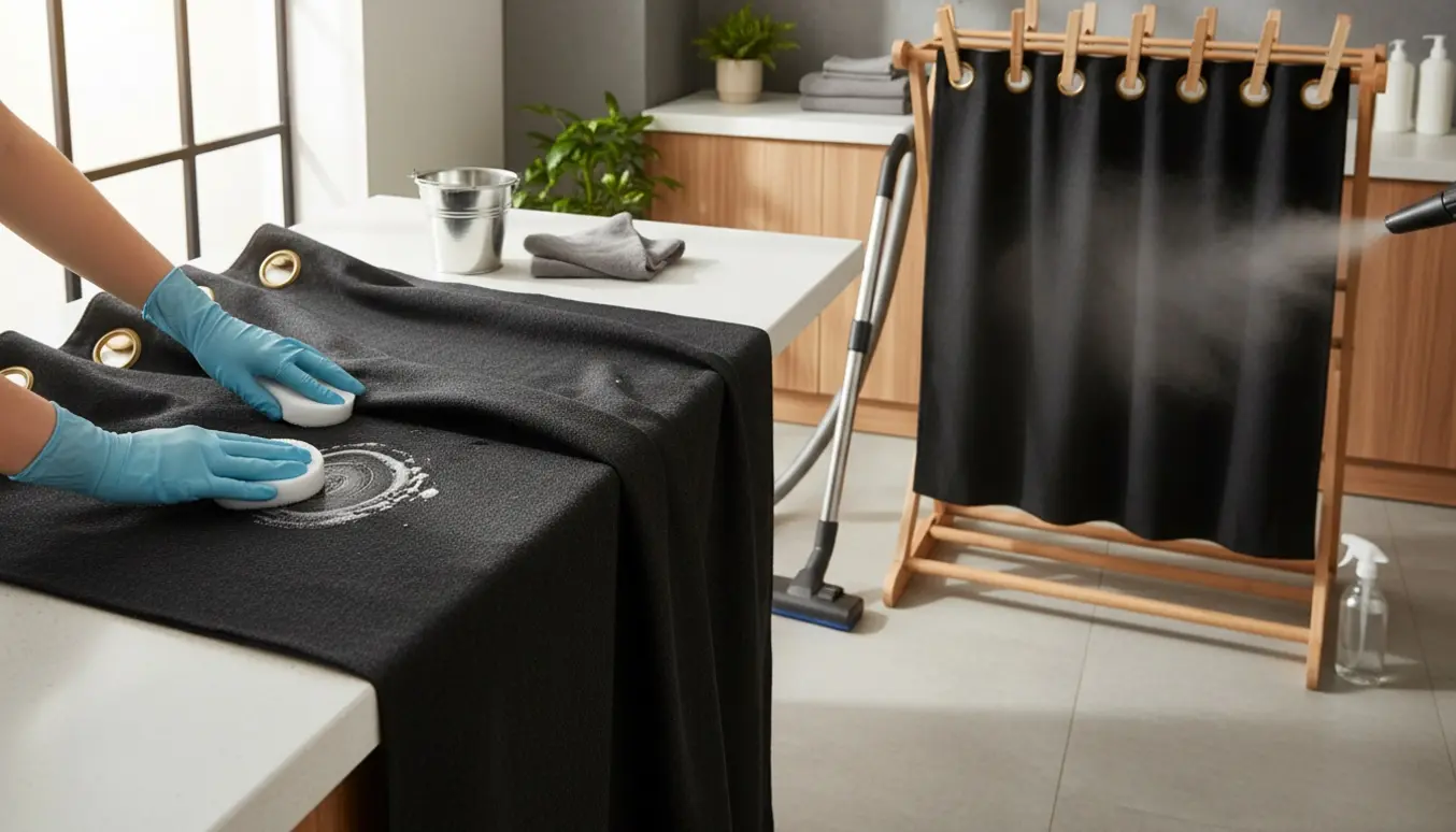 To sorte mørklægningsgardiner renses i et solrigt vaskerum, ét ligger på et bord mens handskerede hænder skrubber med en blød svamp.