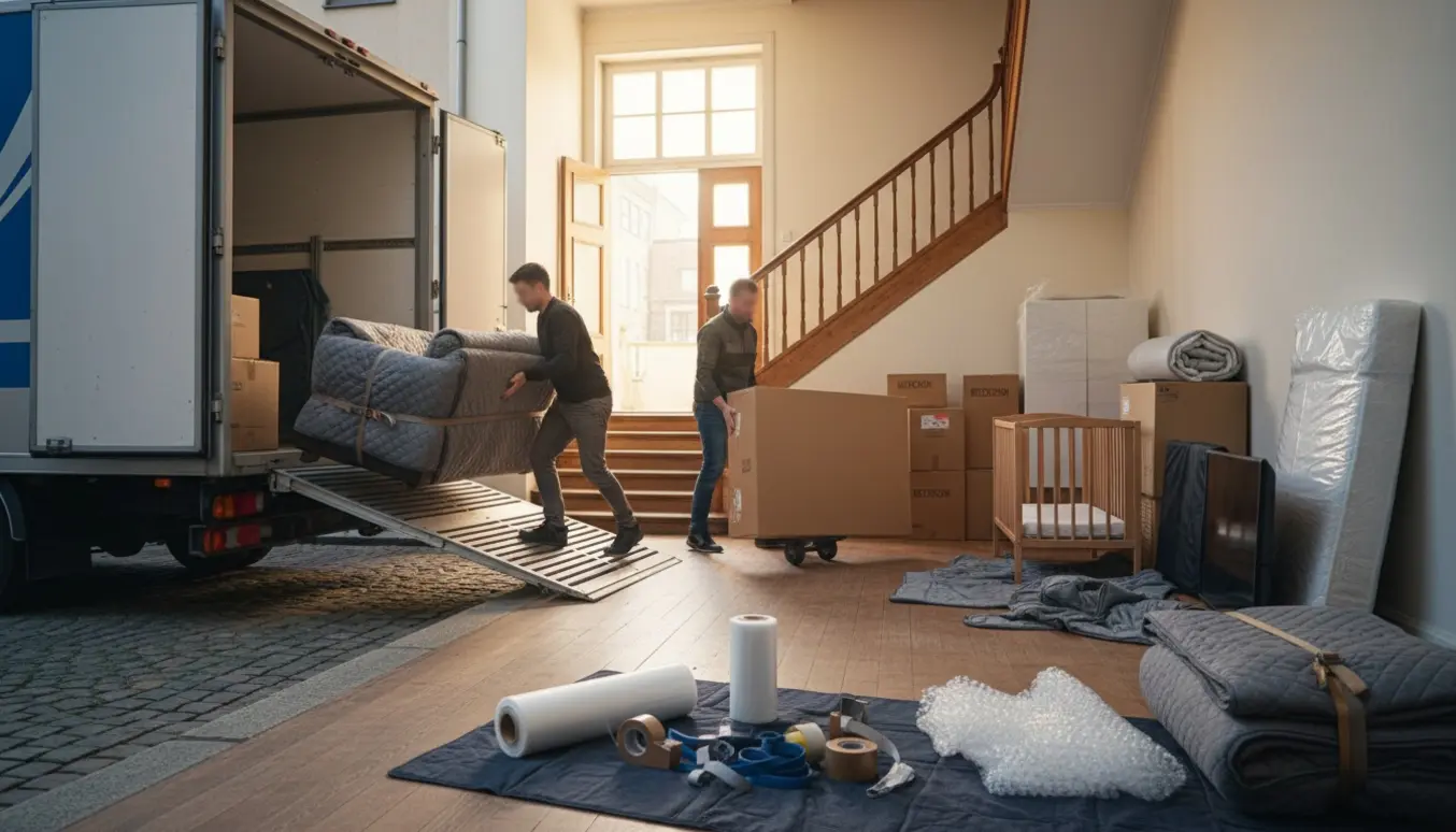 Flyttefolk bærer en indpakket sofa og møbler op ad trappen fra en flyttebil til en lejlighed.