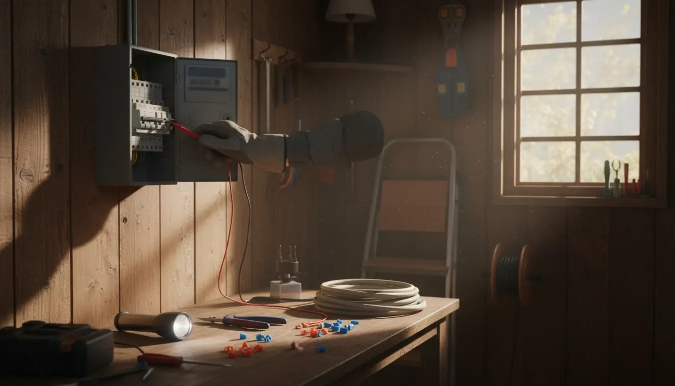 Hænder tester en åben eltavle i et træskur med værktøj og en lommelygte på et arbejdsbord.