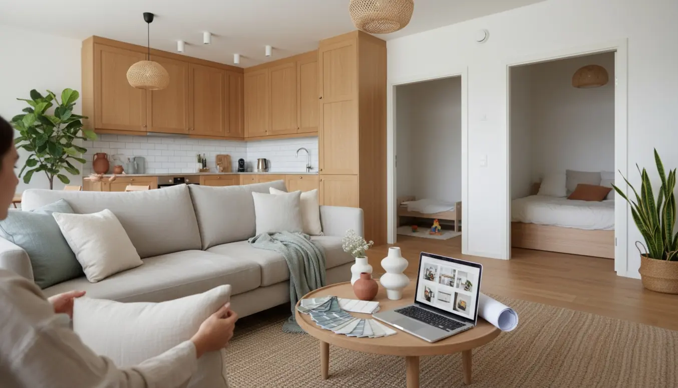 Hænder arrangerer puder i en lys, stilfuldt indrettet 3-værelses lejlighed med stue, køkken, sove- og børneværelse.