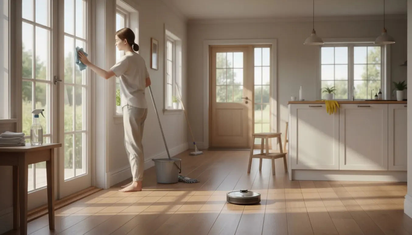 Person uden synligt ansigt pudser en fransk dør med robotstøvsuger og moppe i et sollyst, ryddeligt hjem.