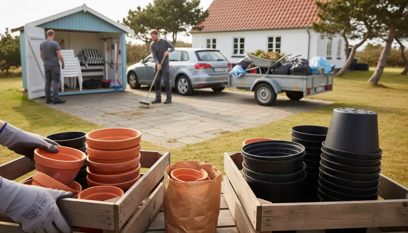 Oprydning på sommerhusgrund med sortering af ler- og plasturtepotter, haveredskaber og trailer klar til bortkørsel.