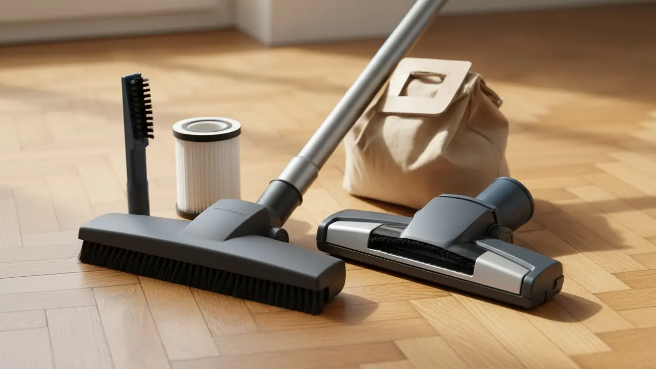 Forskellige støvsugermundstykker og tilbehør lagt frem på et trægulv.