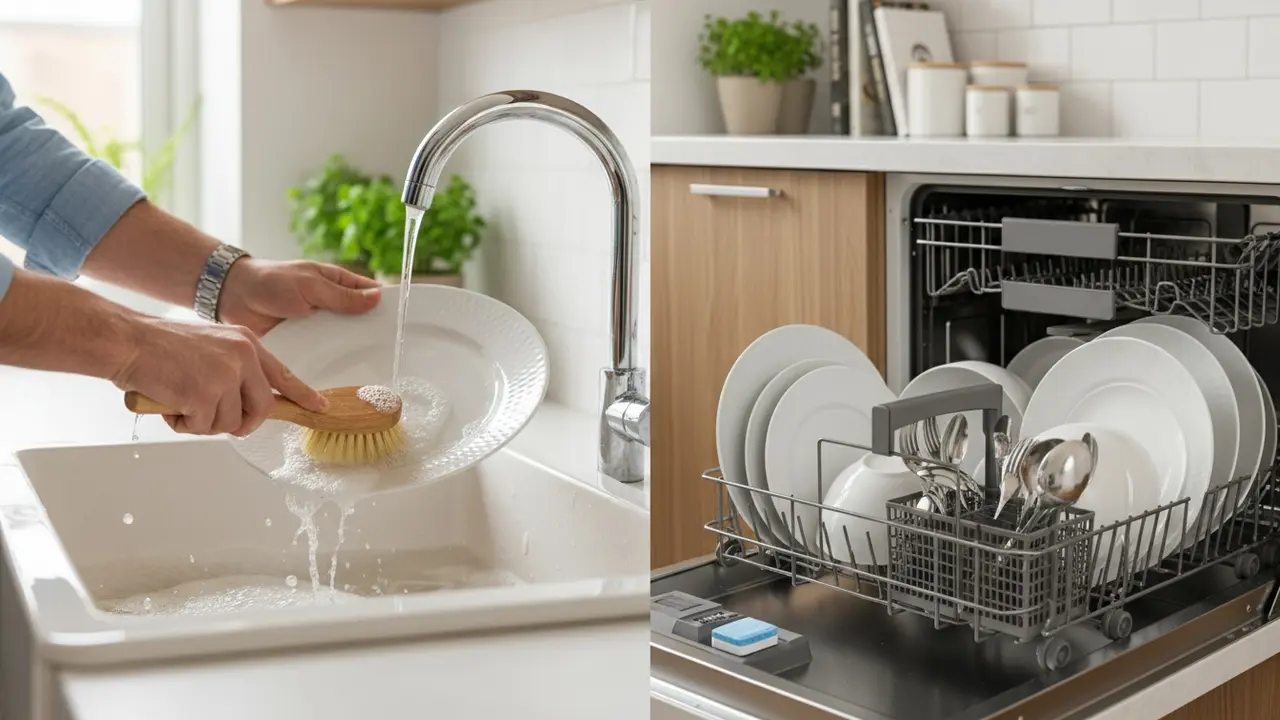Splitbillede: håndopvask med børste til venstre og en fyldt opvaskemaskine til højre.