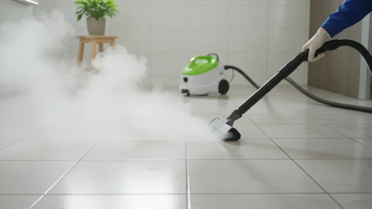 Damprenser i brug på fliser med synlig damp og en side før/efter rengøring.