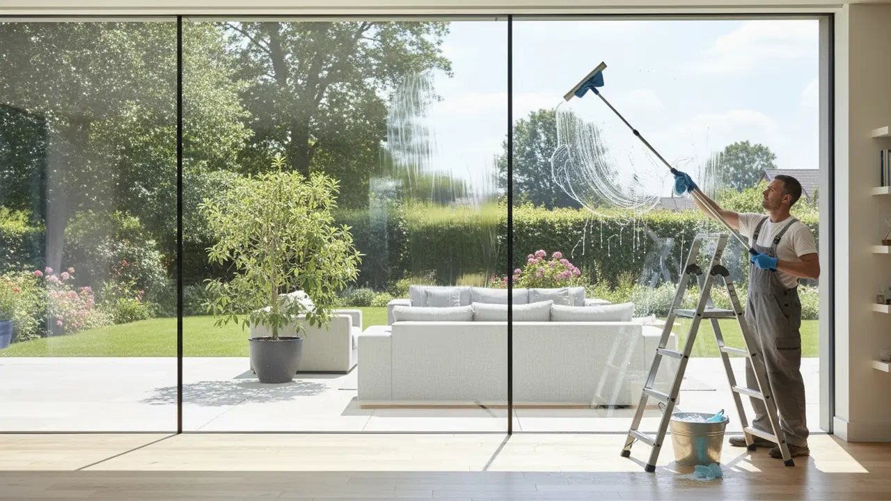 Person pudser vindue med vinduesskraber og klud, klart og stribefrit glas med dagslys.