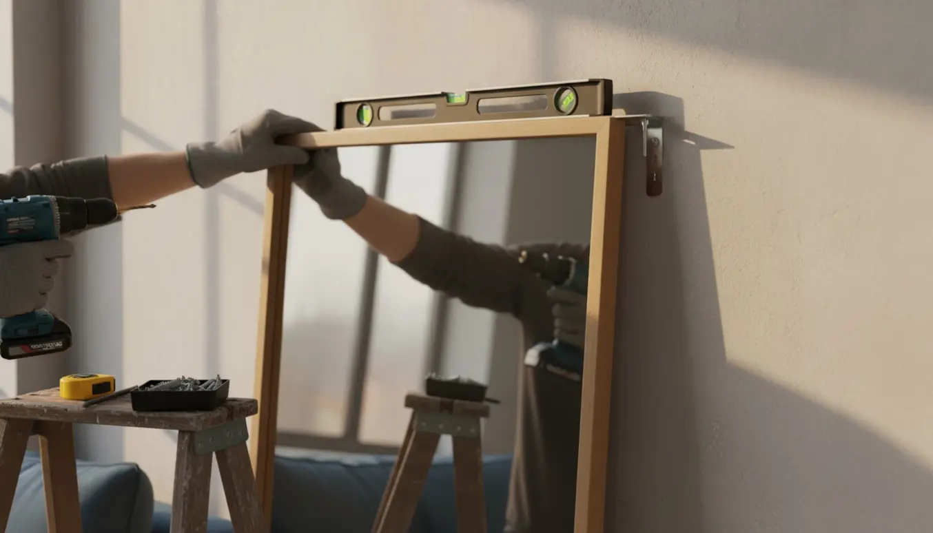 Nærbillede af hænder, værktøj og beslag, mens et stort vægspejl monteres.