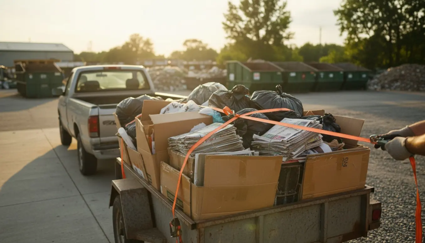 En trailer fyldt med pap og blandet affald, sikret med straps på vej til lossepladsen.