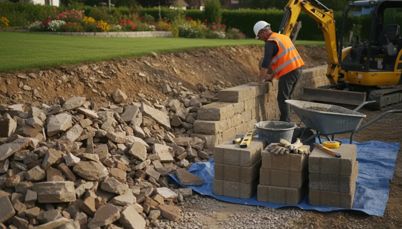 Væltet støttemur klar til genopbygning med sten, værktøj og en håndværker set bagfra.