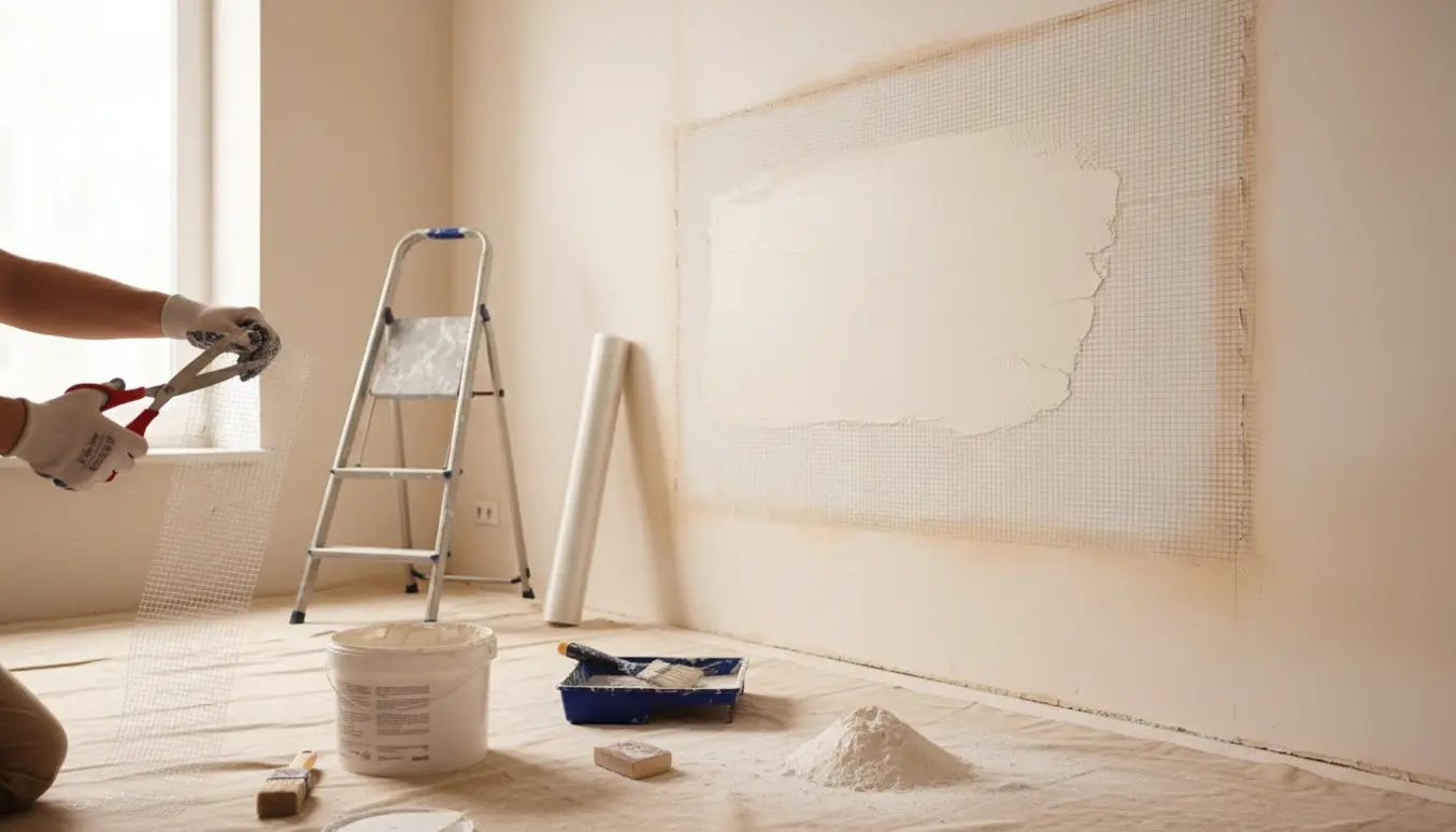 Hænder, der forbereder og opsætter fint glasvæv på en væg efter fjernelse af indbygget skab.