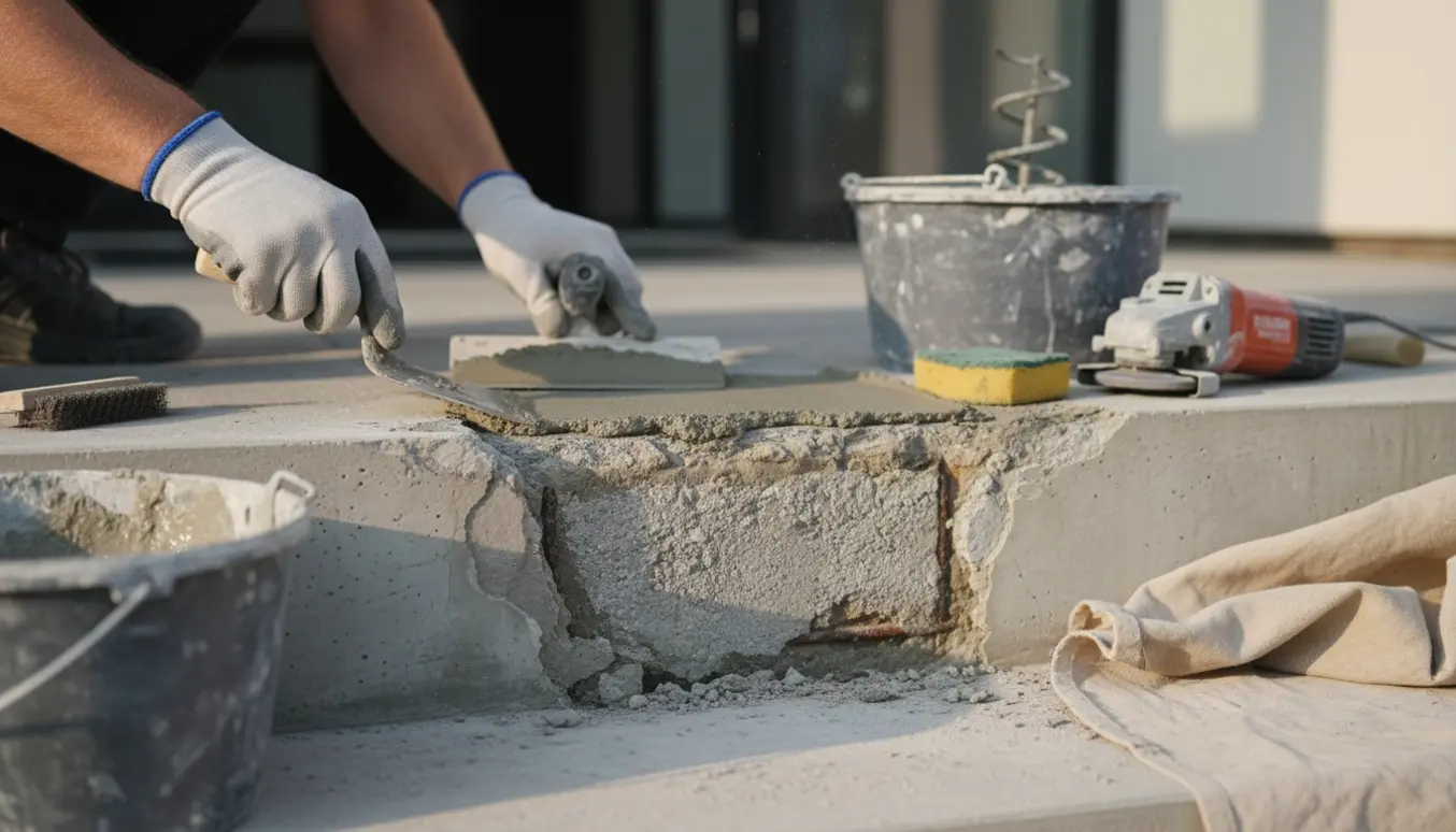Nærbillede af reparation af pudslag på et betontrappetrin med frisk mørtel og håndværktøj.