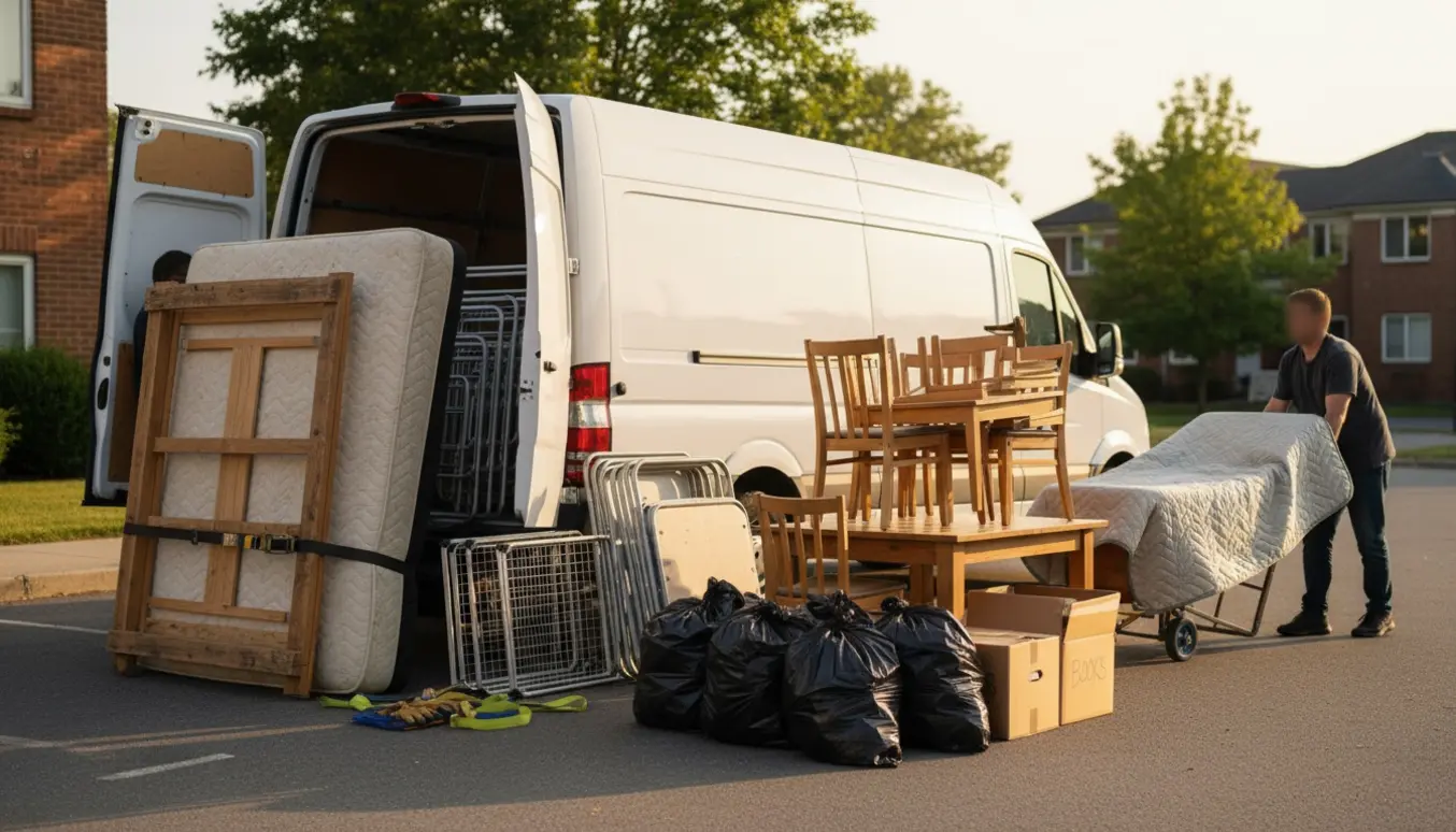 Flyttevogn på indkørsel med møbler, madras og sorte sække klar til afhentning af storskrald.