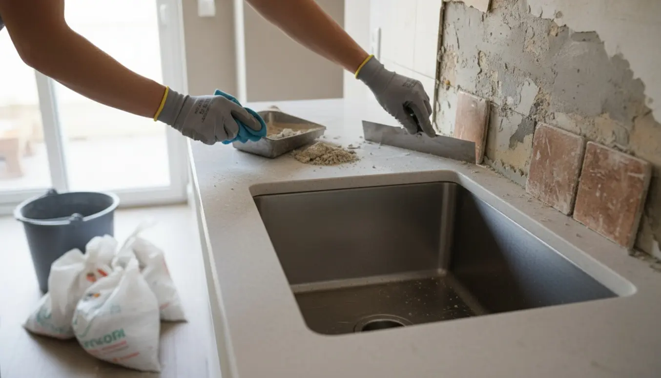 Køkkenvask i forgrunden, mens hænder med handsker skraber gammel mørtel af væggen og pudser vasken.