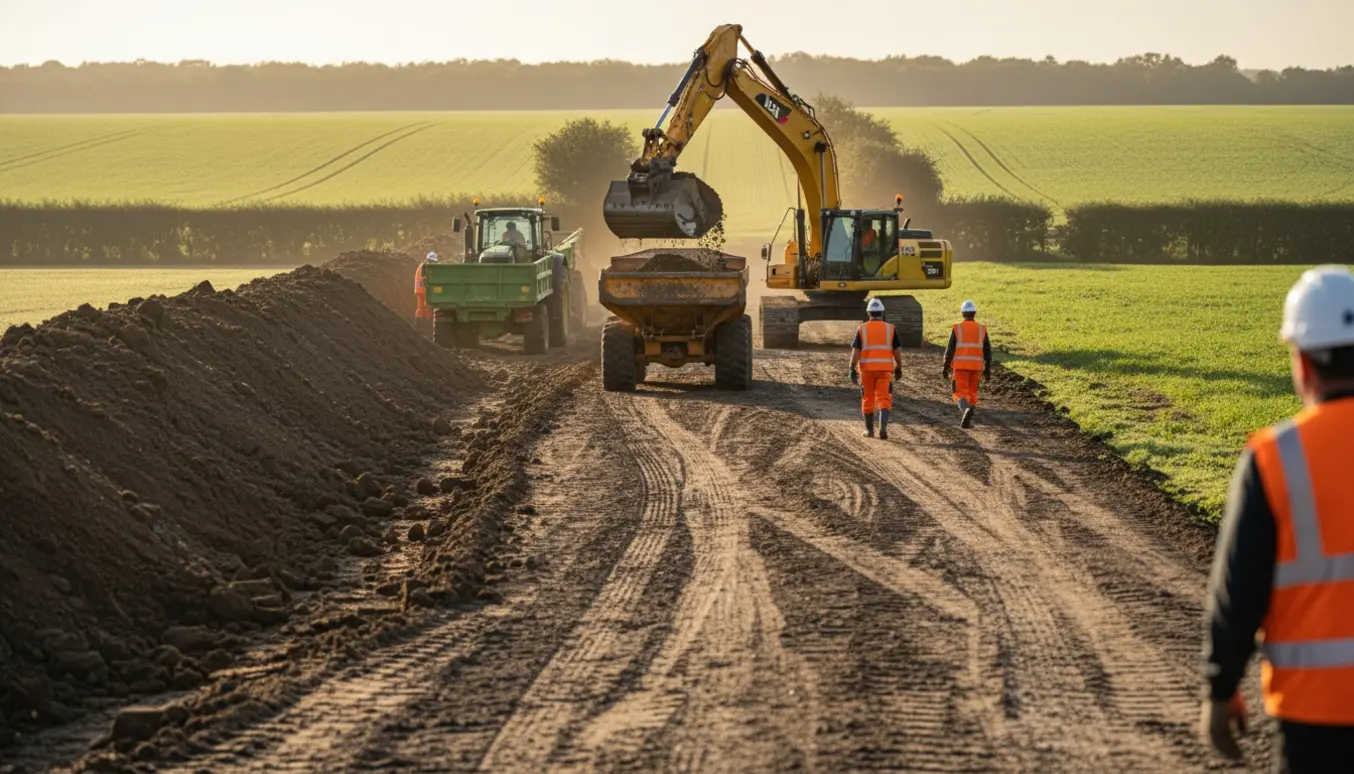 Gravemaskine læsser store mængder jord i en landbrugszone klar til bortkørsel.