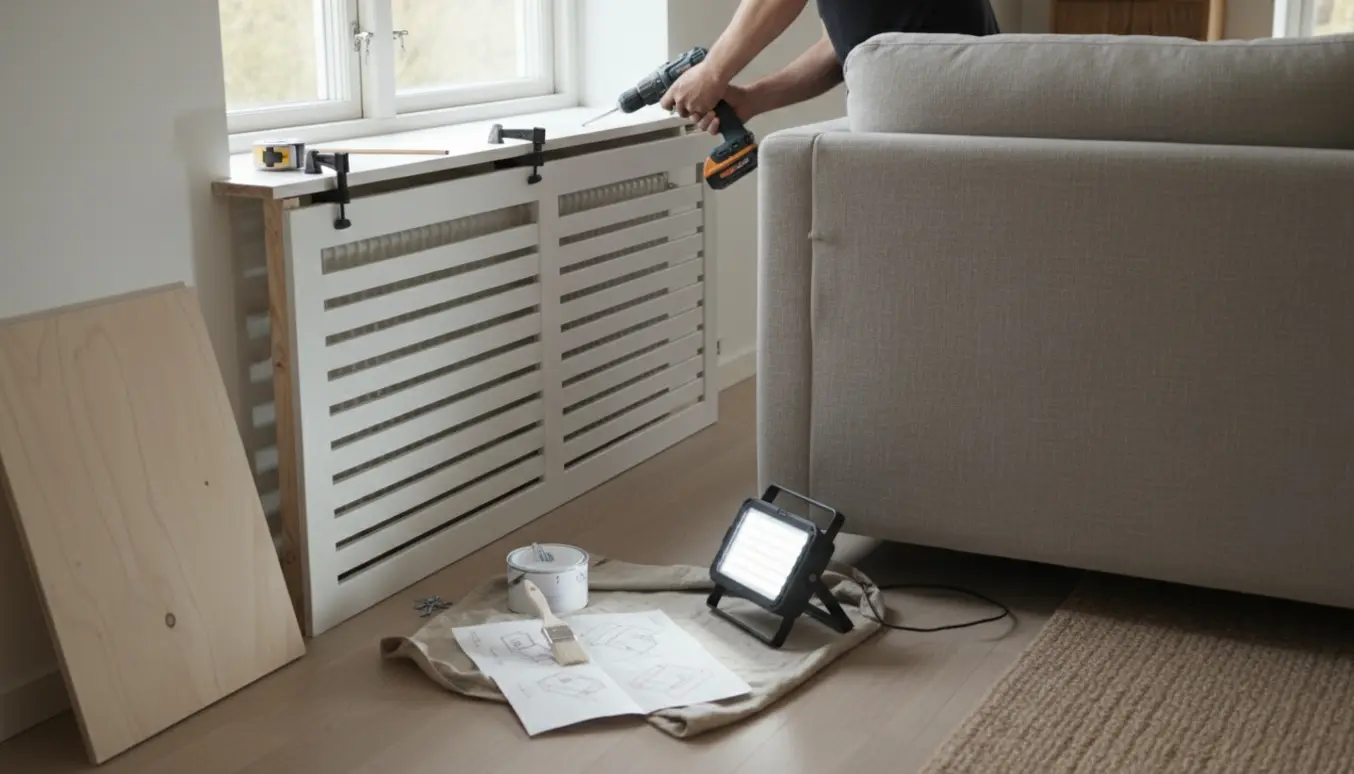 Nærbillede af en person, der montere en hvid træliste-radiatorskjuler i en lys, skandinavisk stue.