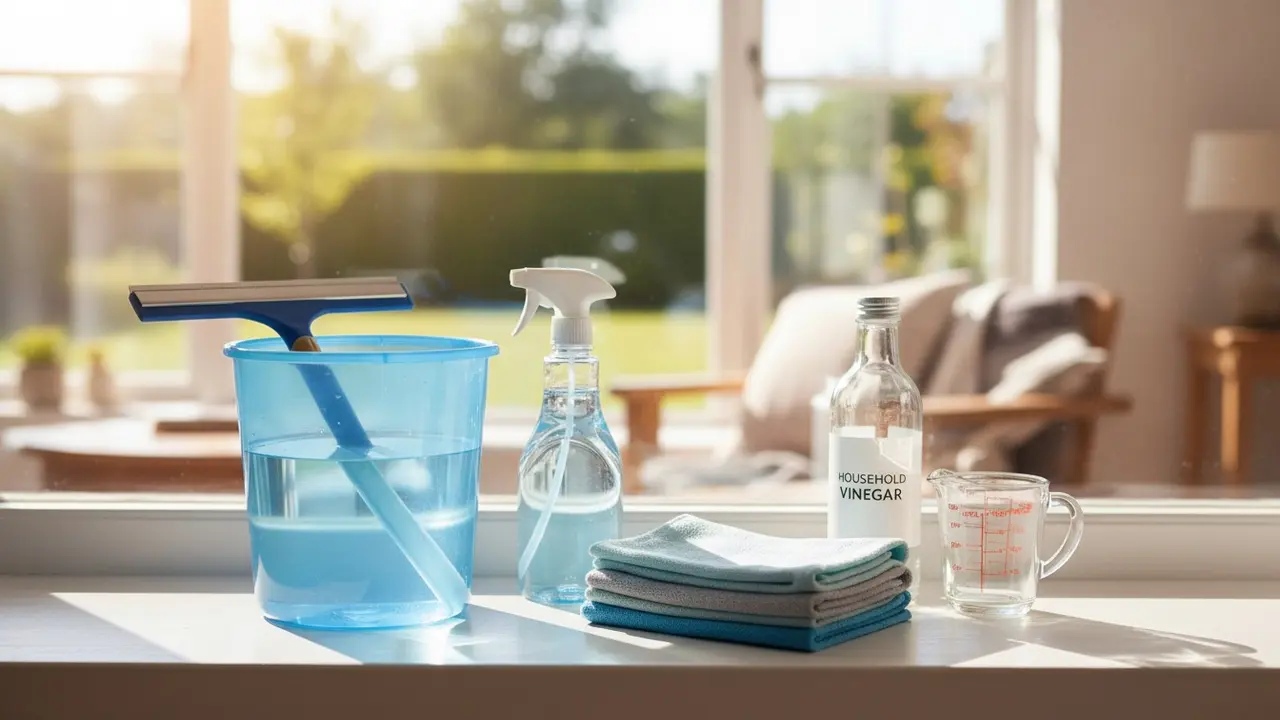 Vinduespudserudstyr på en vindueskarm: spand, sprayer, klude og eddike.