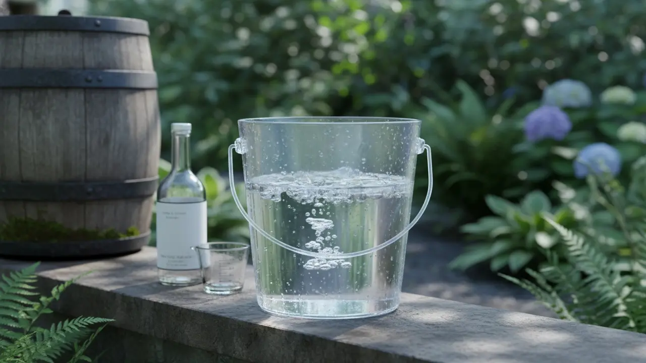 Bøtte med klart, koldt vand ved en regnvandsbeholder og en flaske eddike ved siden af.