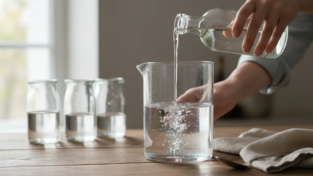 Person hælder husholdningseddike i et målebæger ved siden af tre glas med forskellige blandinger.