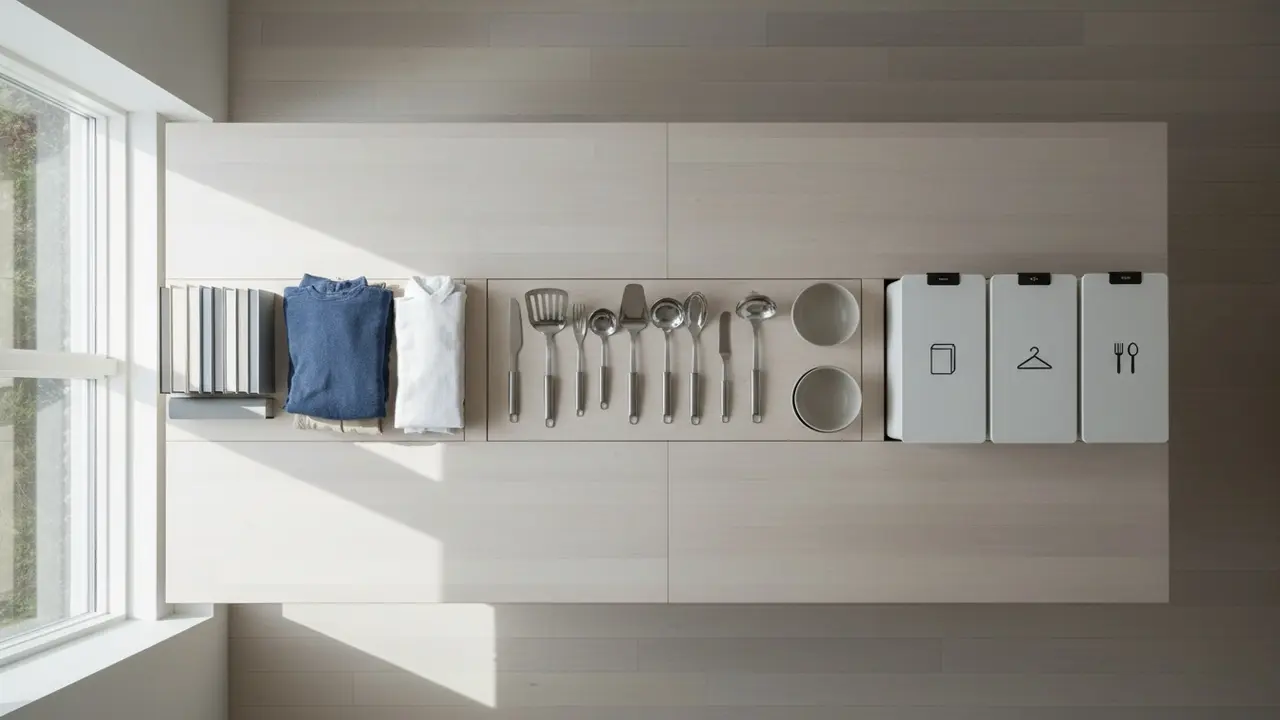 Oversigt fra oven af genstande sorteret efter kategori ved siden af mærkede kasser