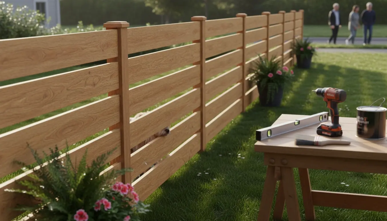 Nyt lavt plankeværk i baghaven med en lille hund bag ved planken og slørede personer udenfor.