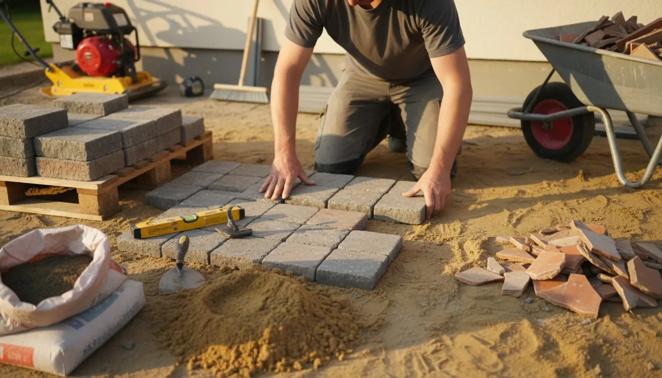 Hænder lægger nye herregårdssten på en solbelyst terrasse med værktøj og bunker af gamle fliser i baggrunden.