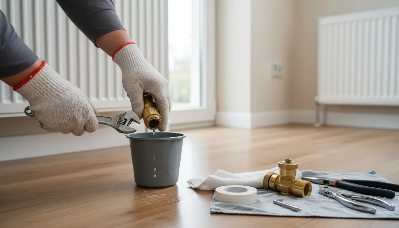 Hænder udskifter en radiatorventil med skruenøgle, nyt ventil og værktøj ved siden af.