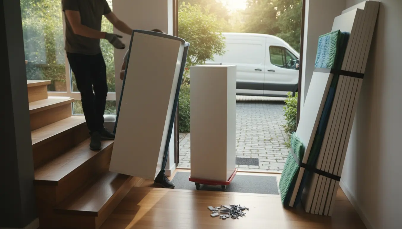 To smalle hvide skabe og fem hvide skabslåger bæres ned ad en trappe og læsseres i en varevogn.