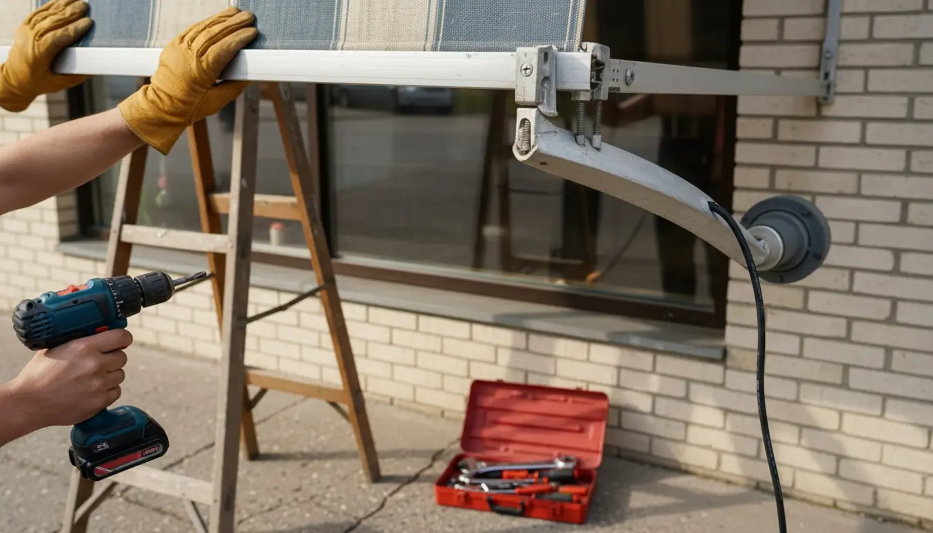 Elektrisk butikmarkise hænger skævt med løse skruer ved hængslet, håndværkerhænder og værktøj på en stige.