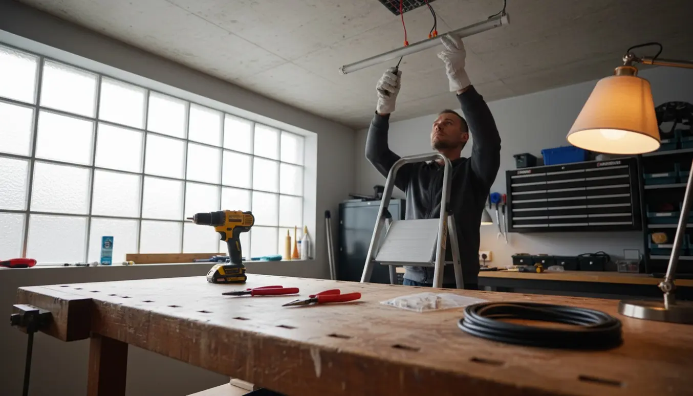 En person monterer et lysstofrør i loftets udtag over et arbejdsbord med stige og værktøj.