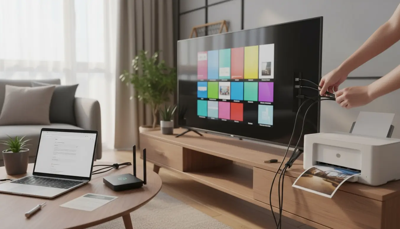 Hænder forbinder kabel til et moderne tv mens en bærbar og en printer er opsat i en lys stue.
