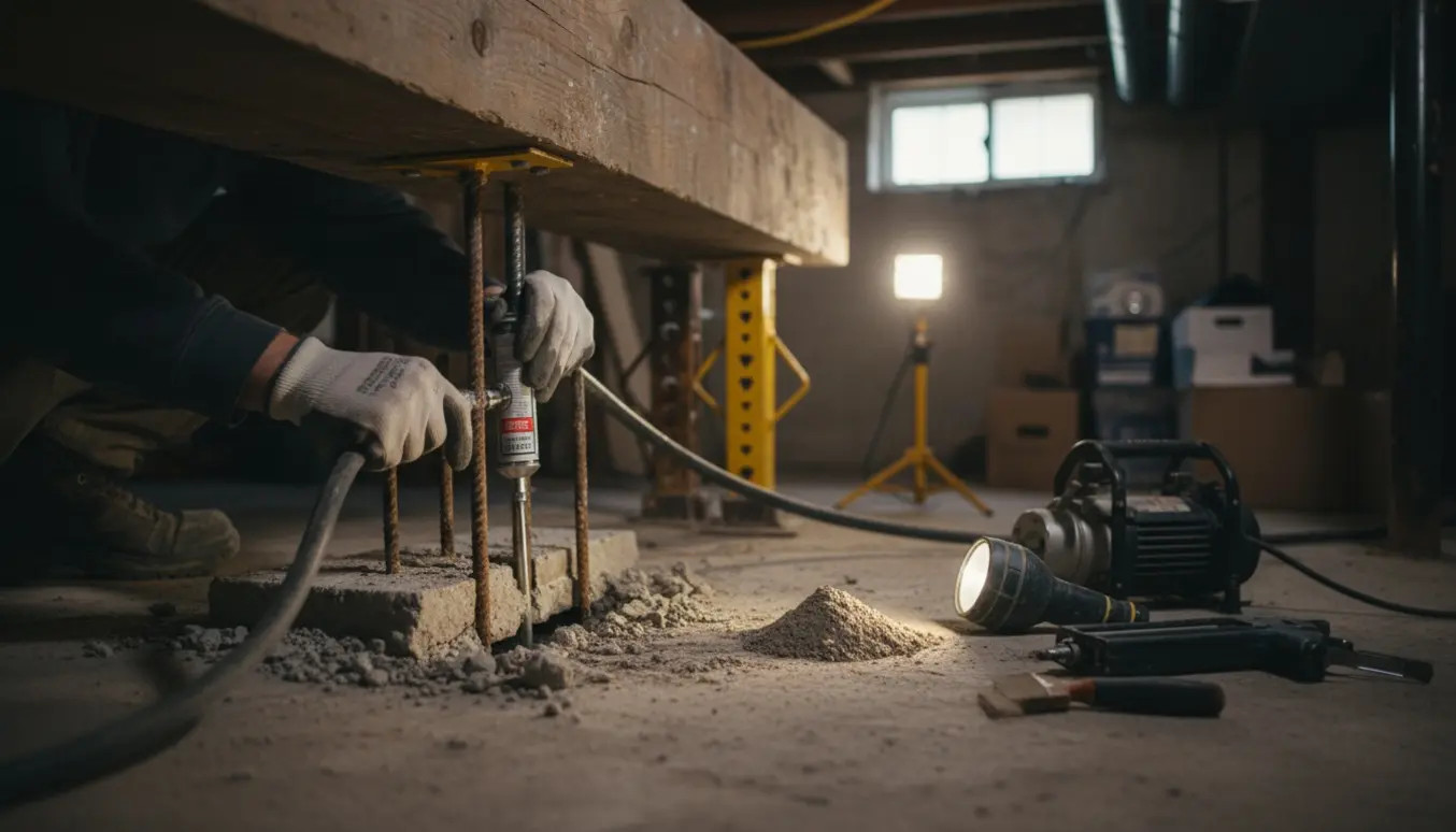 Nærbillede af hænder, der injicerer reparationsmateriale i en revnet betonsokkel under en bærende konstruktion.
