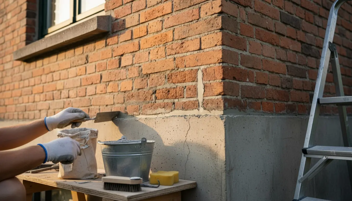 Nærbillede af reparation af sokkel og murfuger på en gammel murstensfacade med håndværktøj og frisk mørtel.