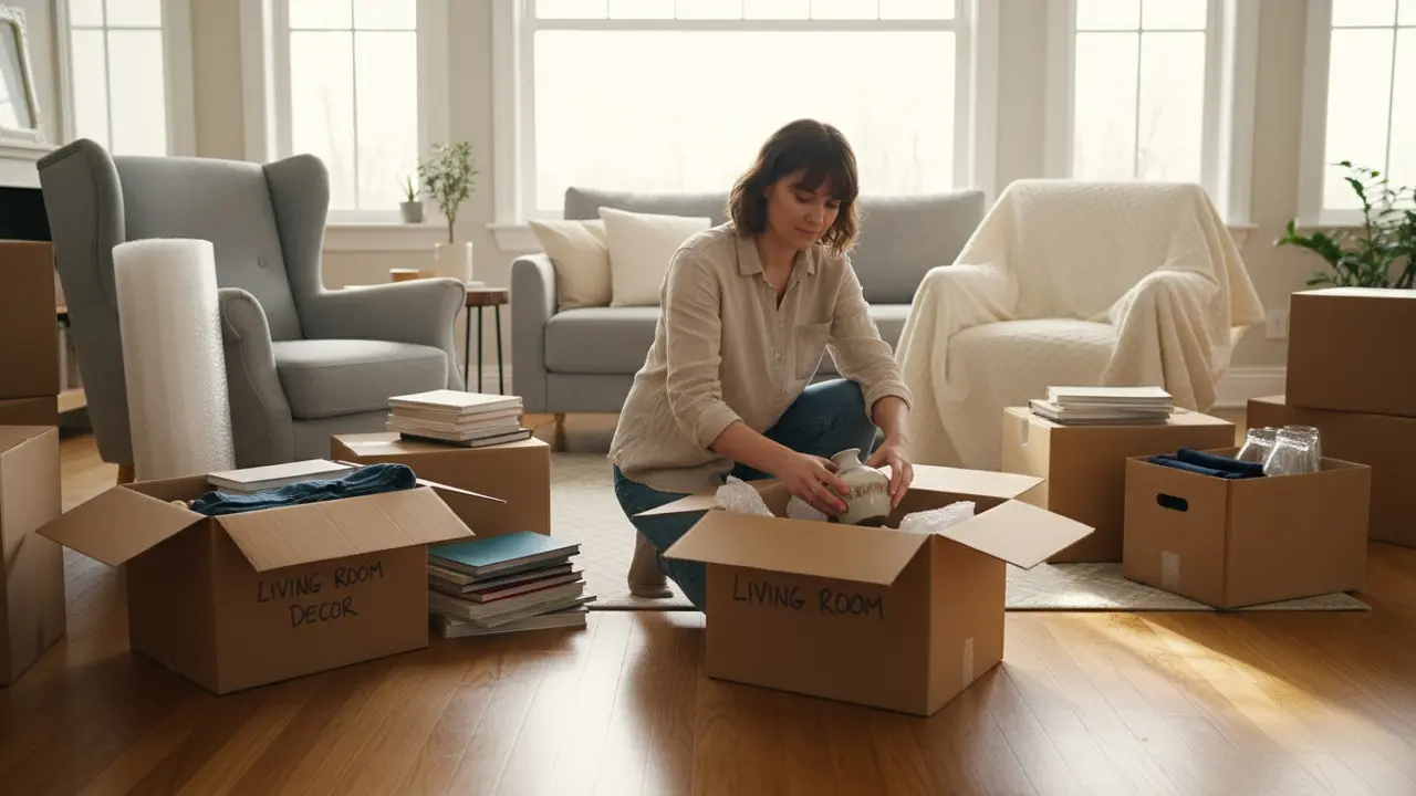 Lyserum med flyttekasser og en person, der pakker dekorative genstande ned