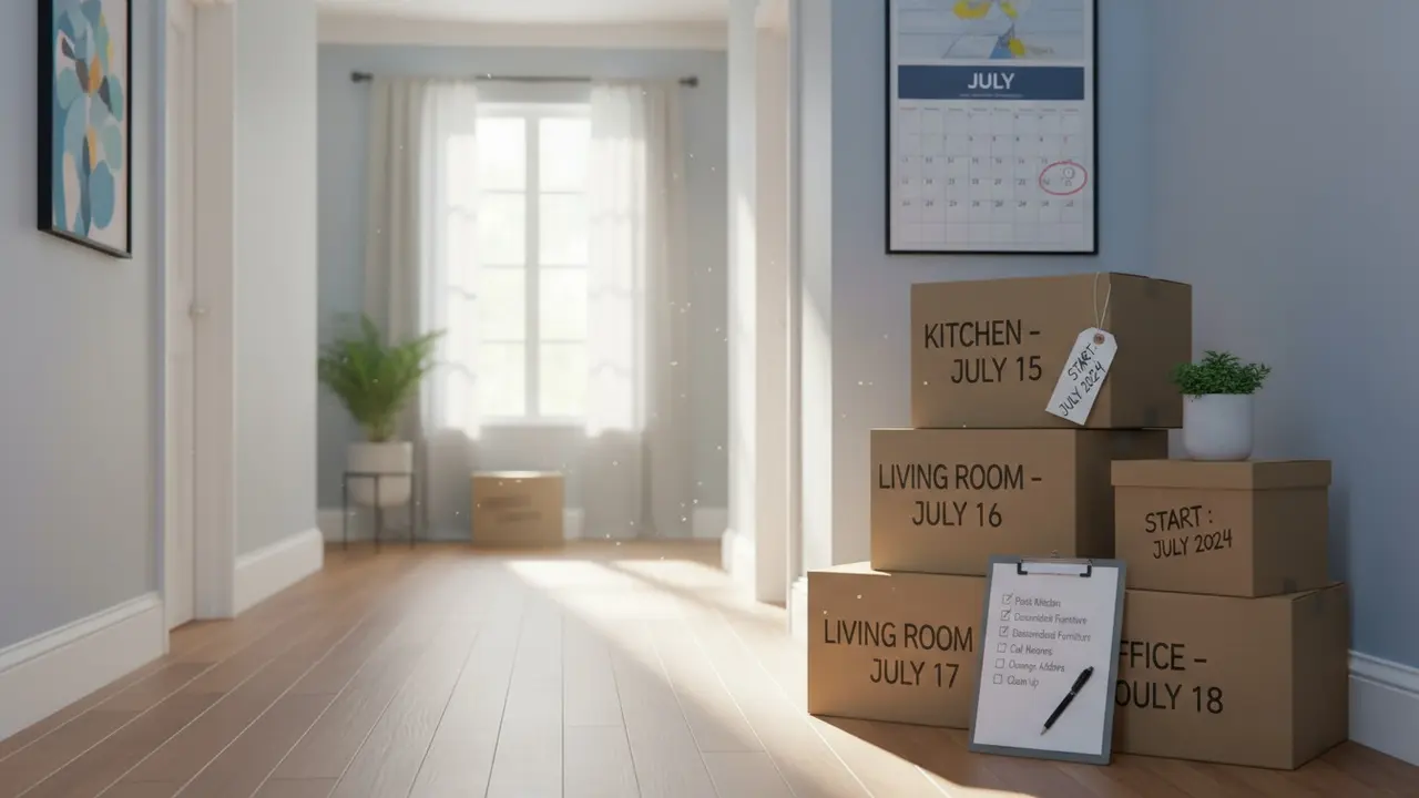 Gang med mærkede flyttekasser, tjekliste og kalender med flyttedato