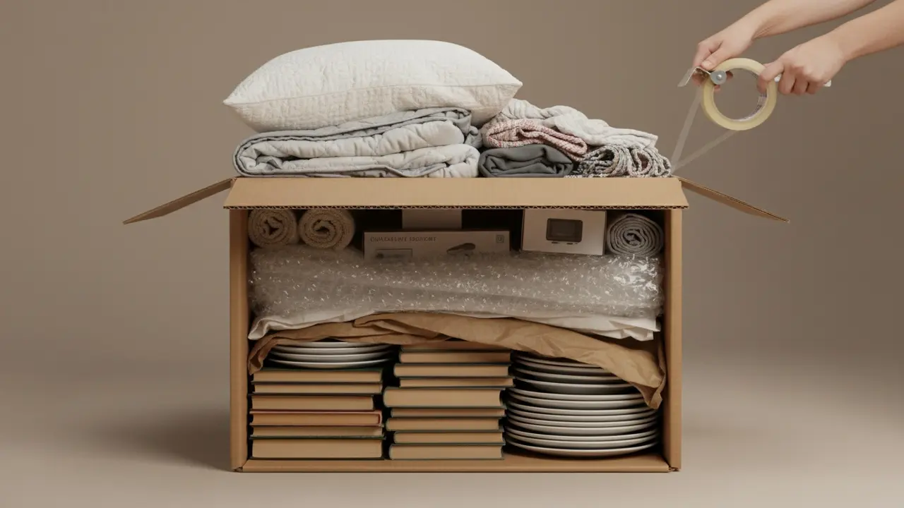 Åben kasse med tunge genstande i bunden og bløde ting øverst, klar vægtfordeling