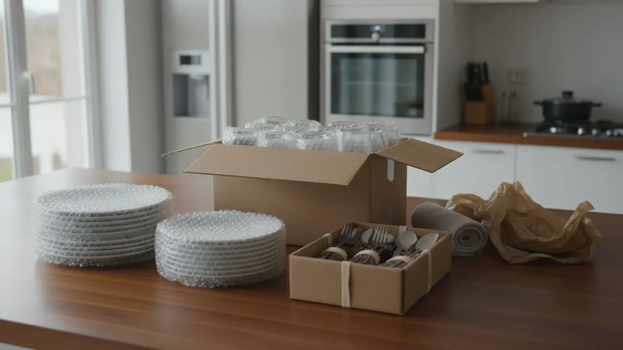 Køkkenbord med grupperede og indpakkede tallerkener, glas og bestik klar til flytning