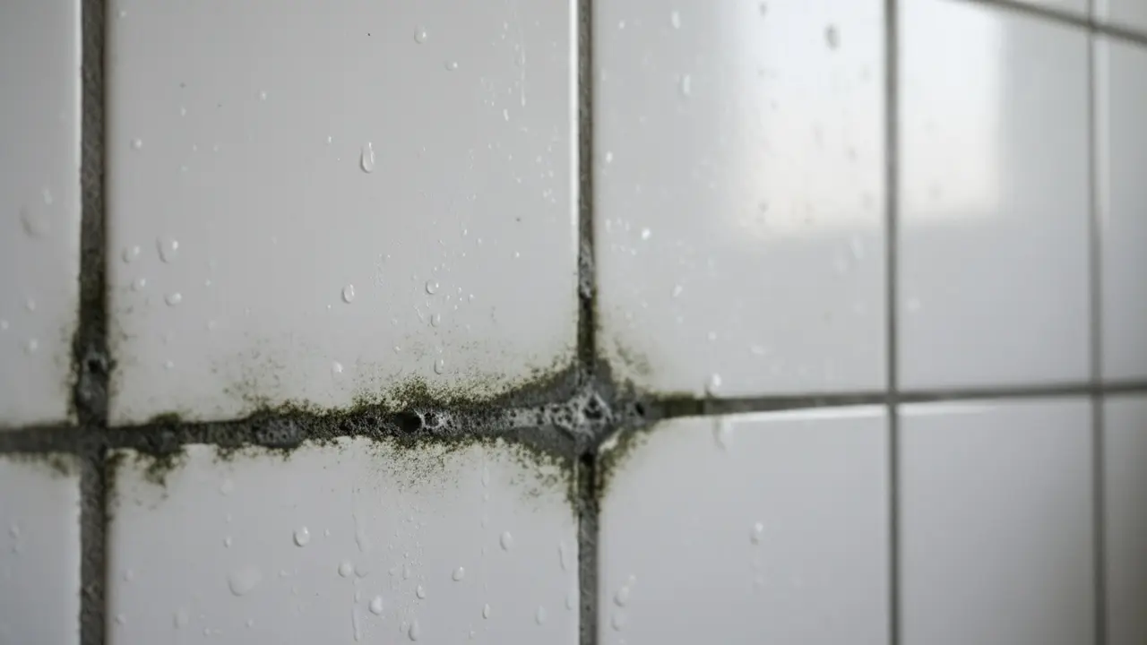 Nærbillede af misfarvede fuger med sorte pletter og sæberester mellem fliser.
