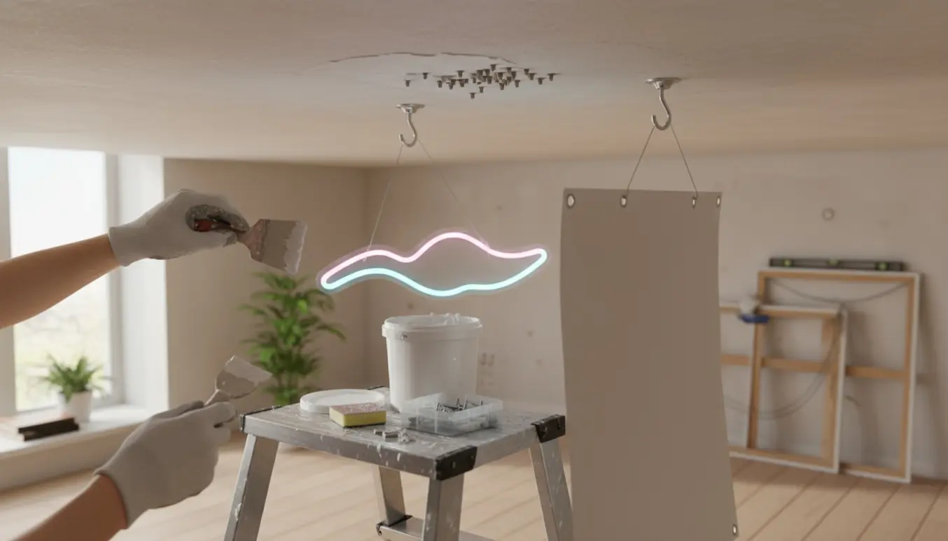 Hænder ophænger et abstrakt neonskilt og en stor plakat fra loftet, mens huller i loftet bliver spartlet.