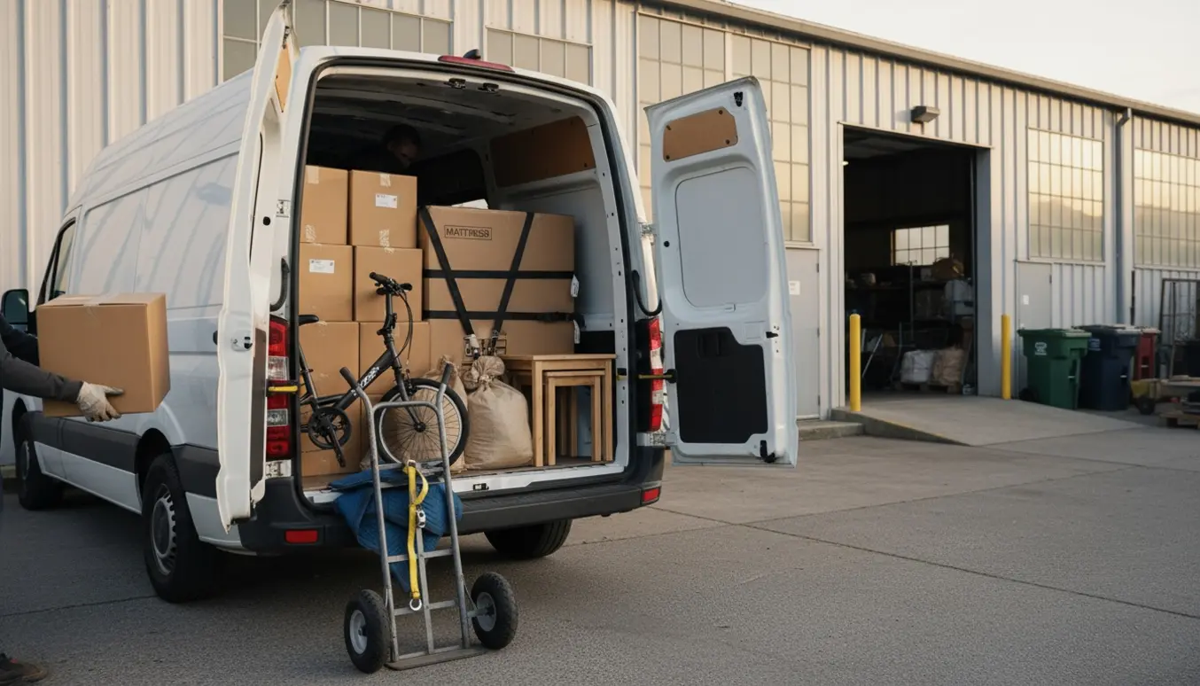 Åben varevogn med flyttekasser, cykel, boxmadras og sækkevogn klar til kørsel til møbelhotel og genbrugsplads.