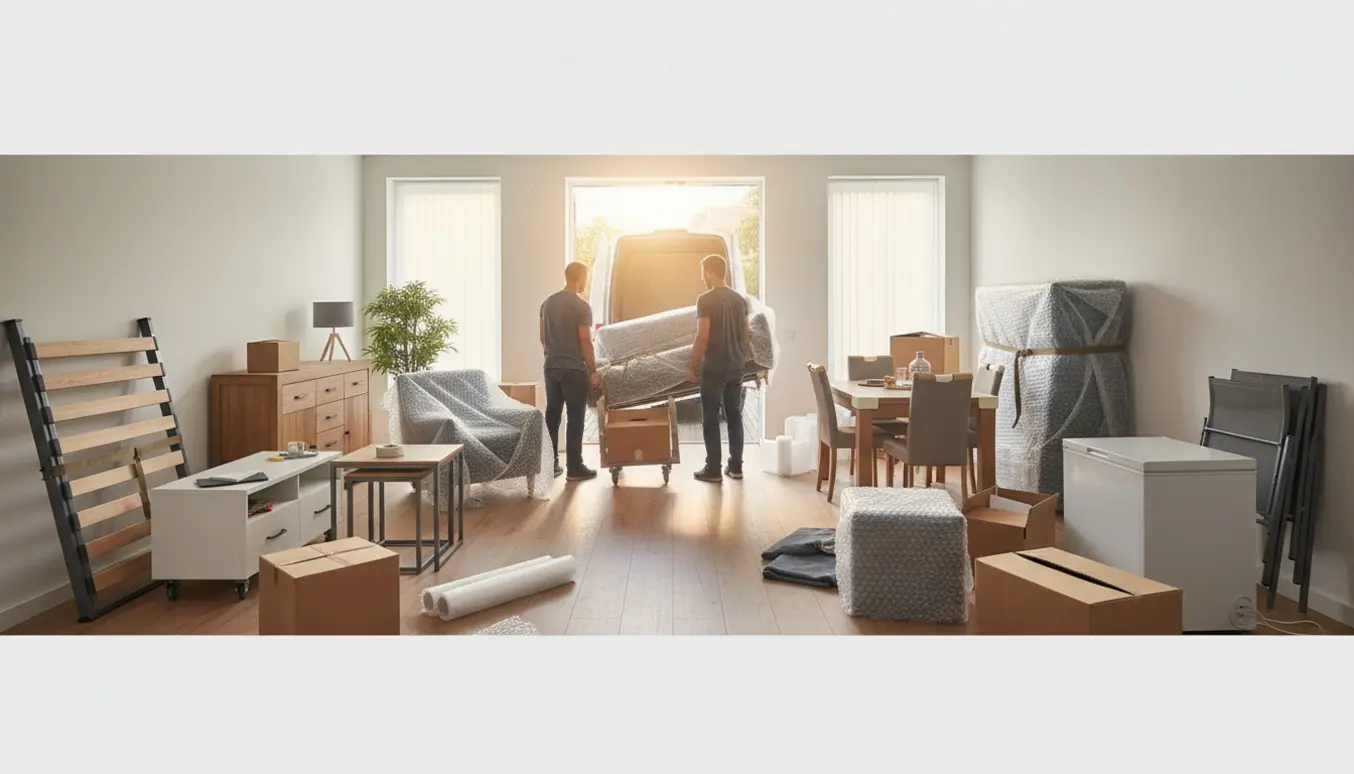 Mennesker bærer indpakkede møbler ind i en åben flyttevogn fra en lys lejlighed.