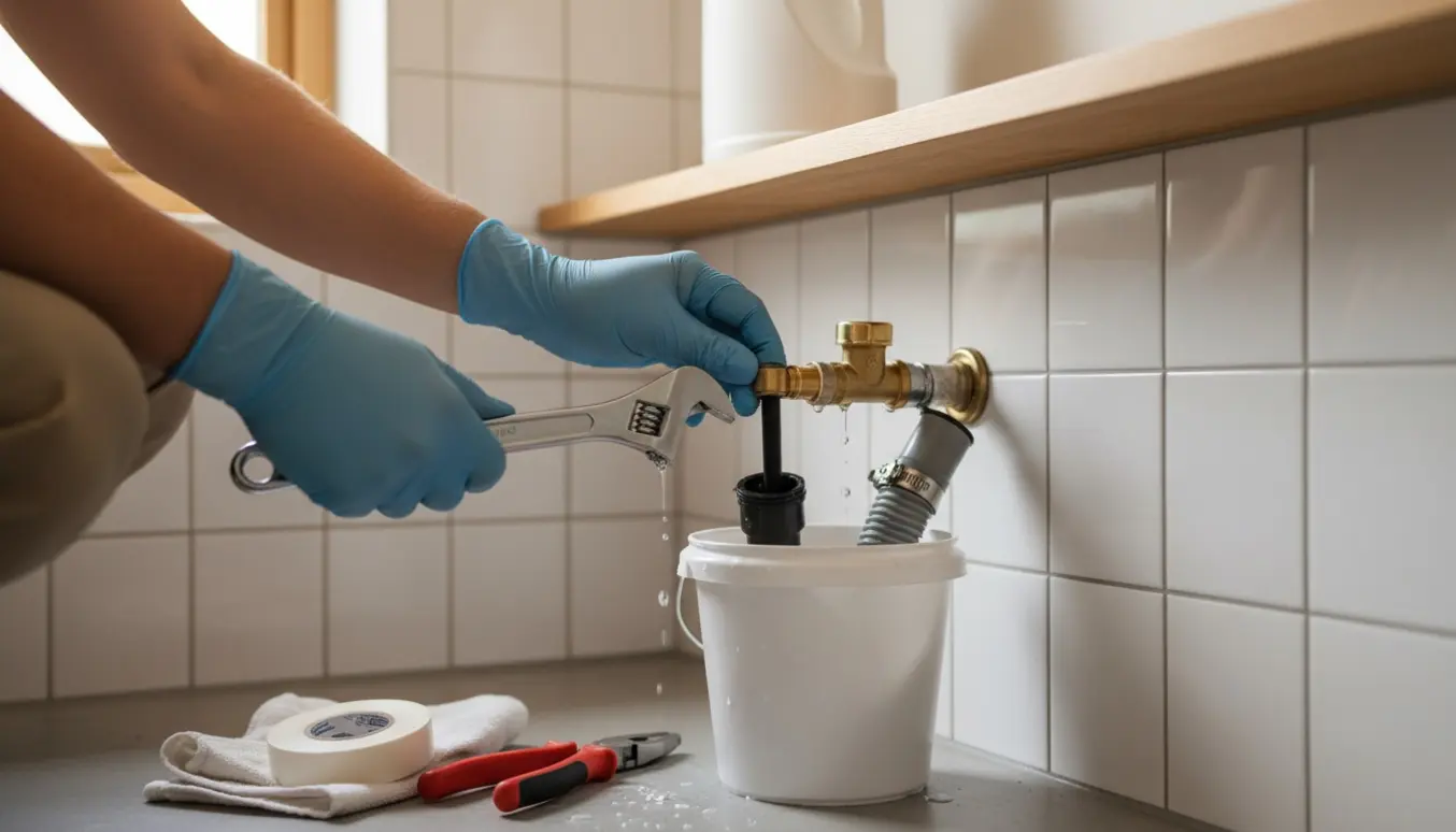 Nærbillede af hænder, der afpropper koldtvandsventil og afløb i et bryggers efter fjernet vaskemaskine.