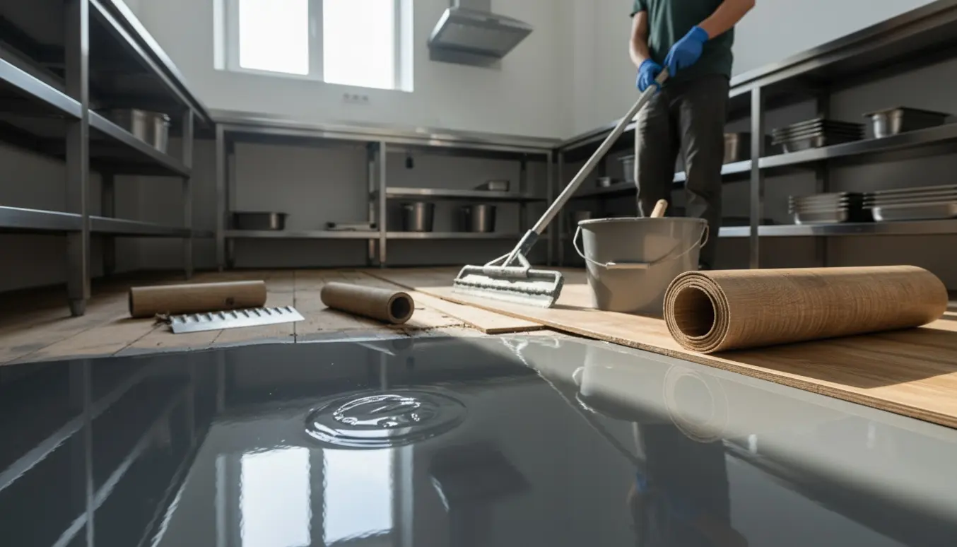 Detaljeret foto af gulvrenovering i et lille take-away køkken med epoxy og PVC, arbejdes på uden synlige ansigter.