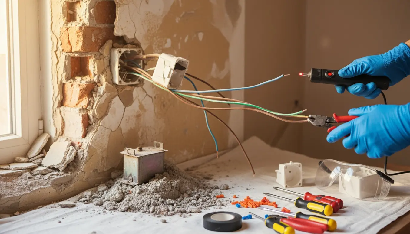 Eksponeret el-installation efter nedrivning med handsker og værktøj klar til oprydning.