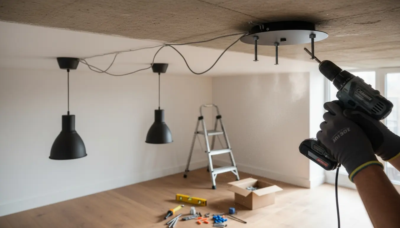 Nærbillede af hænder, der monterer tre loftslamper — to hængende på kroge og en, der skrues fast i beton.