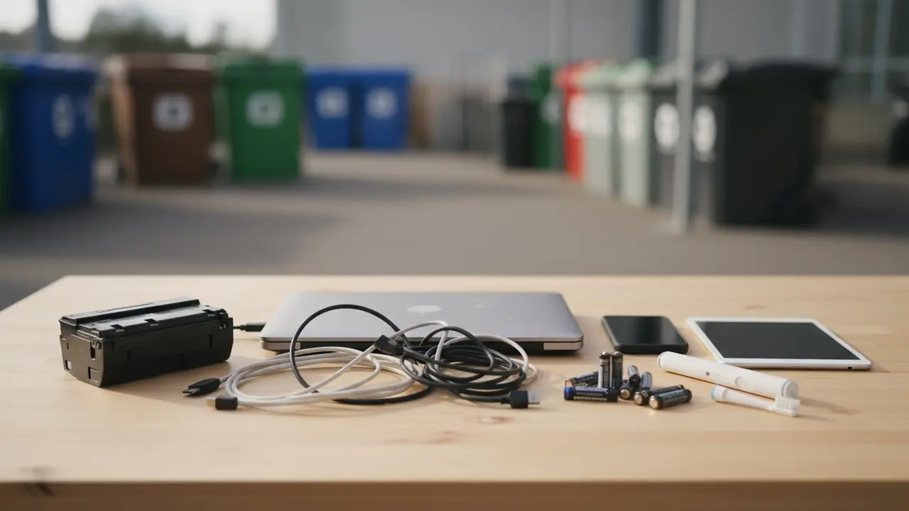 Bord med forskellige elektronikaffald: telefon, tablet, kabler, batterier og patroner ved genbrugsplads i baggrunden.