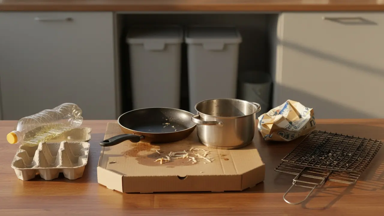 Køkkenbord med sorteret køkkenaffald: fedtet pizzabakke, pande, æggebakke, olieflaske og karton.