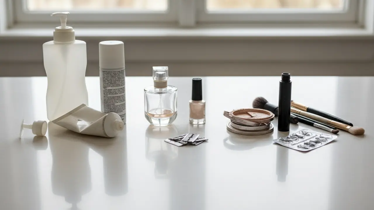 Badeværelsesbord med personlige plejeprodukter grupperet til sortering: parfume, neglelak, shampoo, medicin, barberblade.