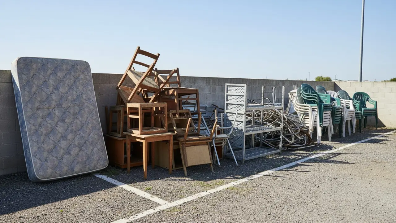 Genbrugsplads med sorterede møbler: madras, træstole, metalmøbel og plaststol i separate bunker.